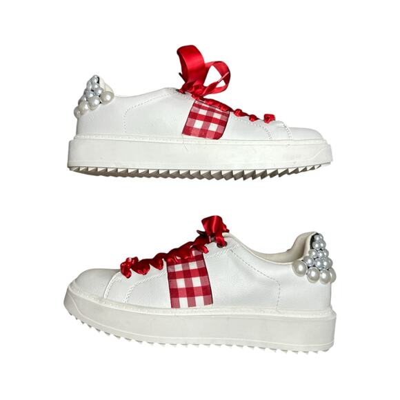 Steve Madden Red White Lace Up Plaid Pearl Valentines Platform Sneaker Size 9.5 - Picture 7 of 8
